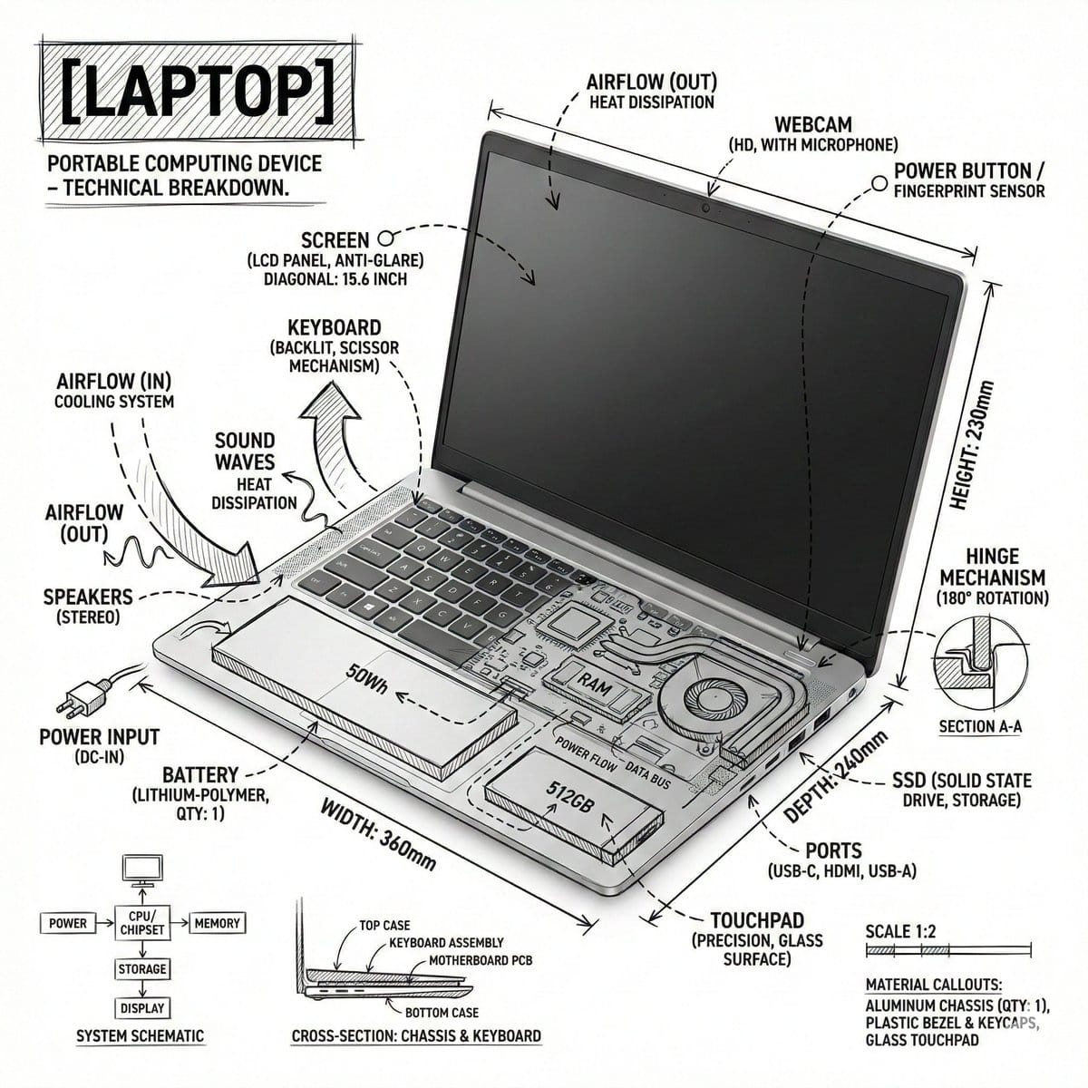 Technical Infographic Overlay on a Laptop Image - AI 프롬프트