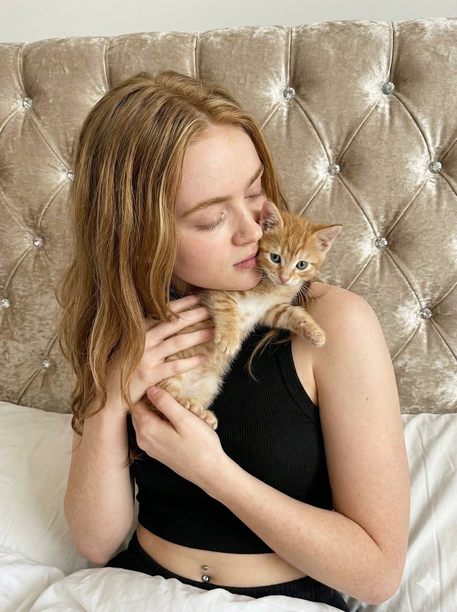 Tender Portrait of Woman Nuzzling a Kitten - AI提示詞