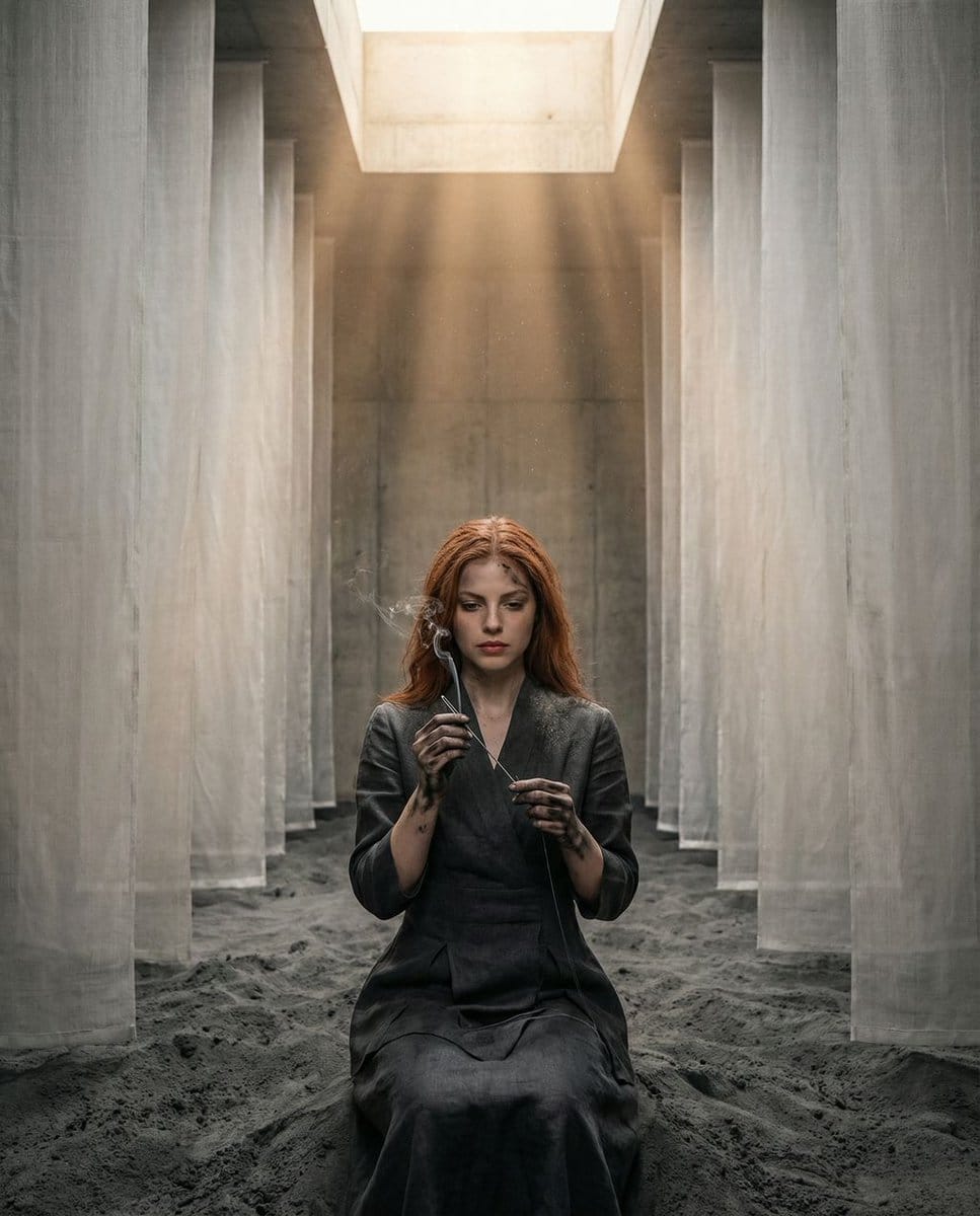 The Symmetrical Ash Ritual: Hyper-Realistic Brutalist Portrait - AI 프롬프트