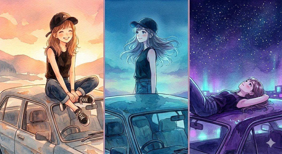 Preview image for Three-Panel Anime Watercolor Split Composition Prompt for Nano Banana Pro prompt