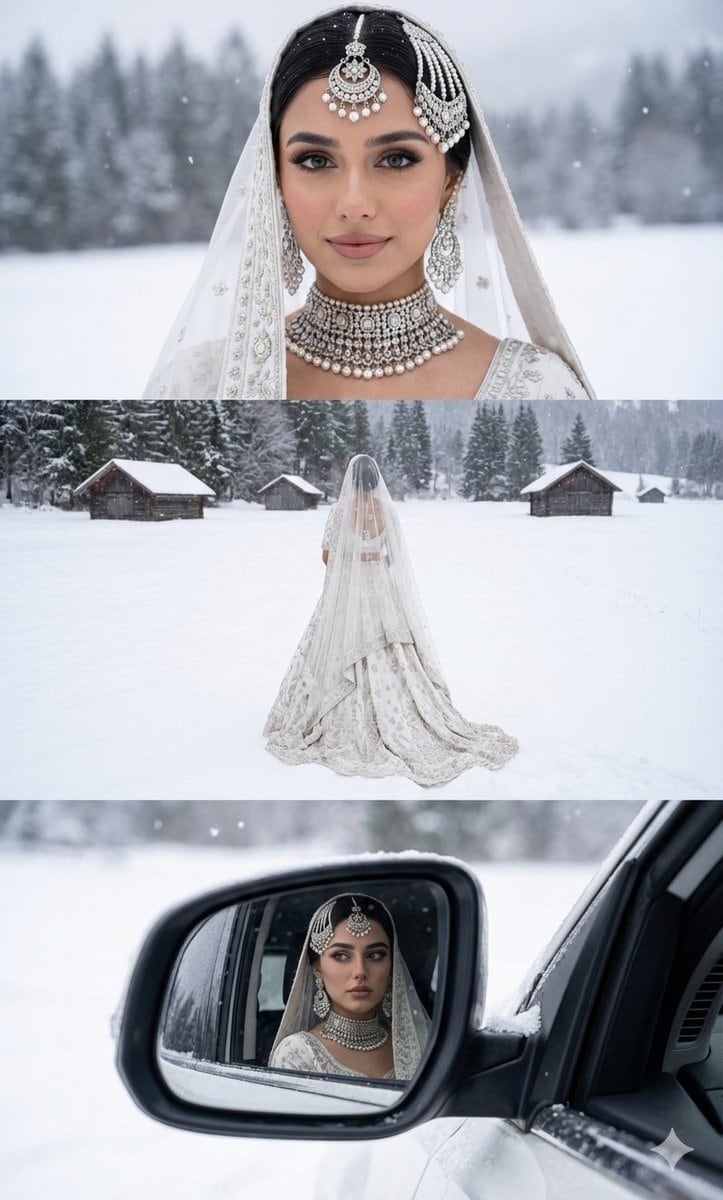 Three-Panel South Asian Bride in Snowy Landscape - AI Prompt