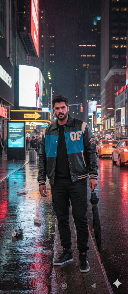 Times Square Rainy Night Portrait with Identity Lock - AI Generated Character Style Image Example