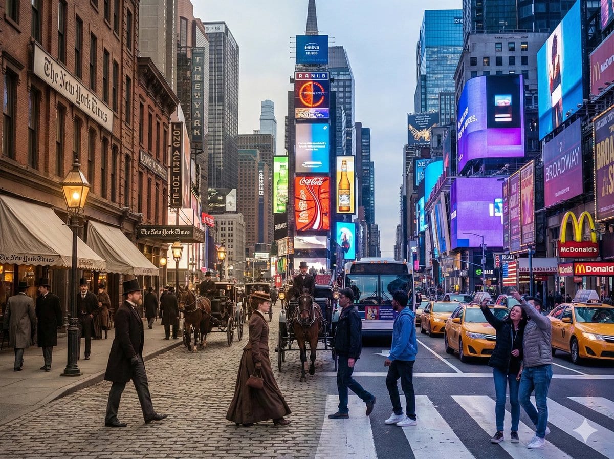 Times Square Time-Blend Split-Screen - Промпт ИИ