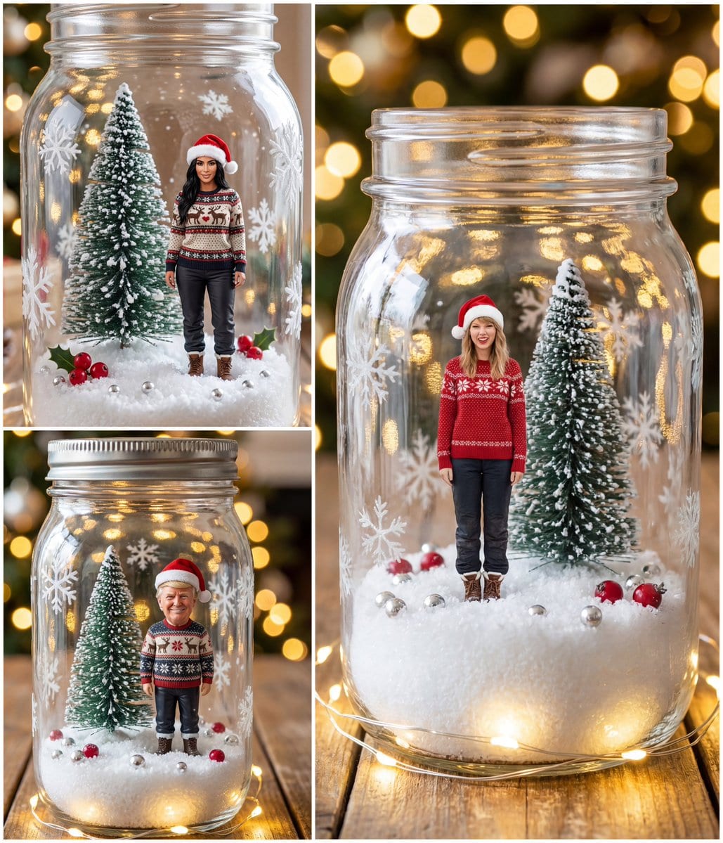 Tiny Christmas Character Trapped in a Mason Jar Snow Globe - Prompt IA