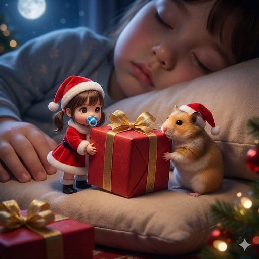 Tiny Santa Placing Present Prompt - Prompt IA