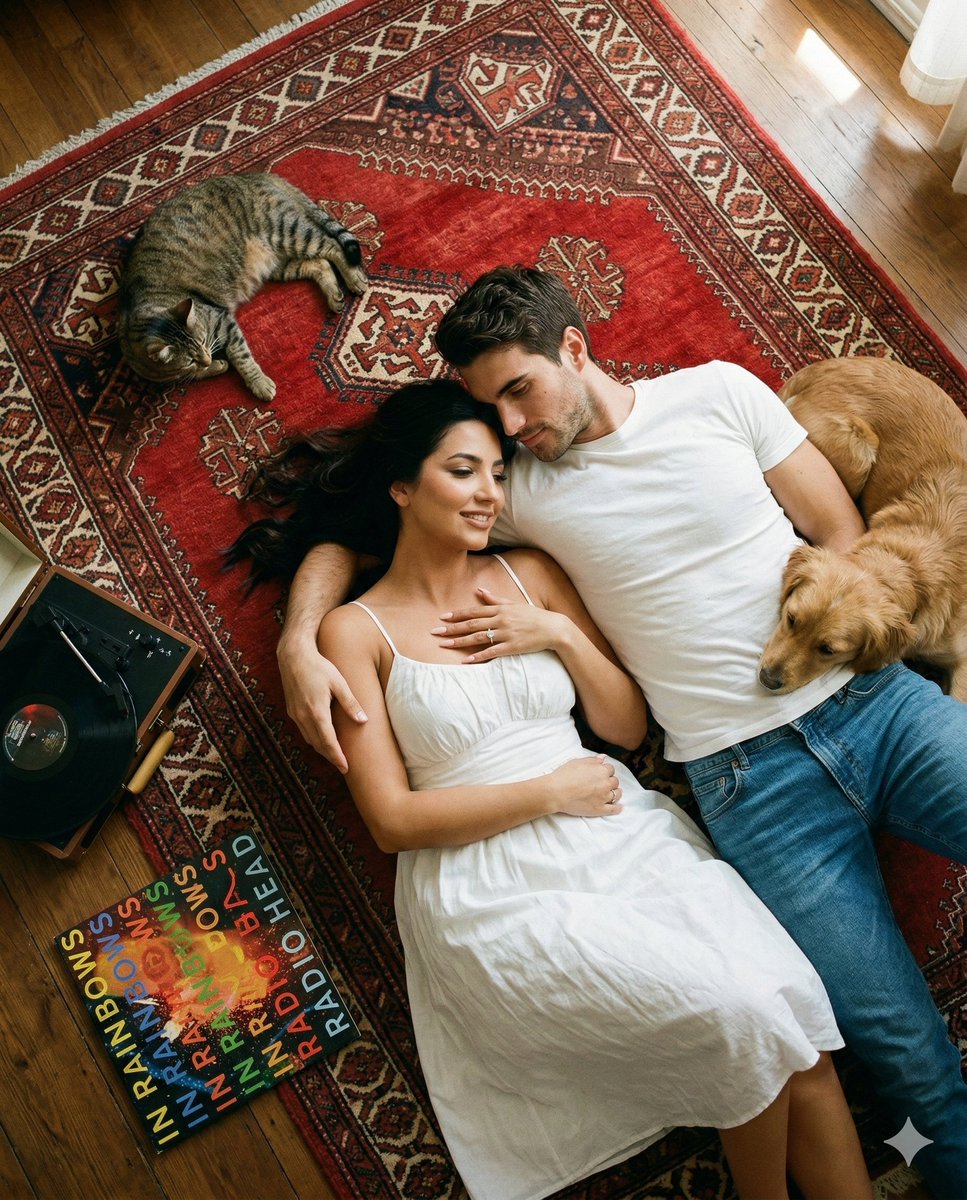 Top-Down Cinematic Couple Portrait on a Turkish Rug (Image-to-Image)