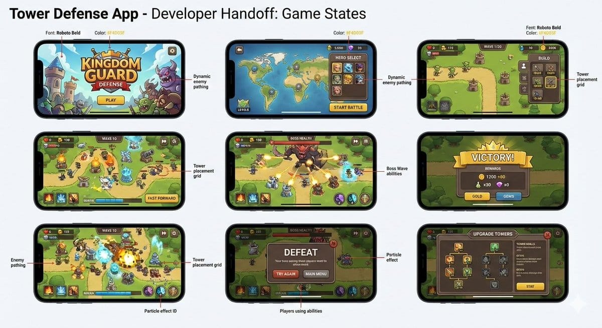 Tower defense mobile app design mockup grid - AI Generated AI Art Style Image Example