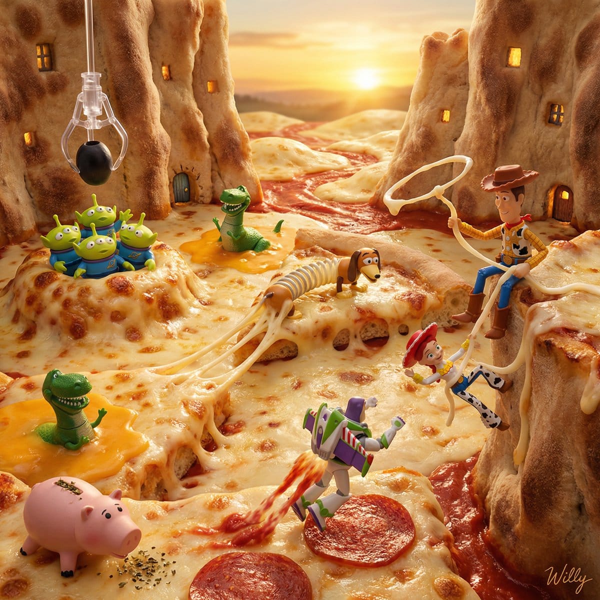 Toy Story Diorama in a Pizza World - Prompt IA
