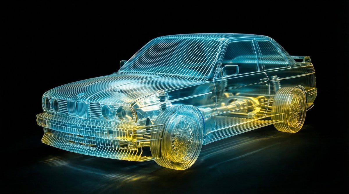 Transparent Layered Glass Supercar Sculpture Prompt - AI 프롬프트