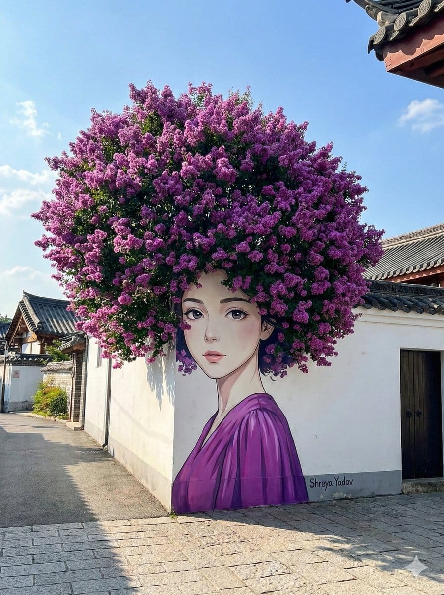 Trompe-l'œil Street Art with Flowering Bush Hair - نص توجيهي للذكاء الاصطناعي