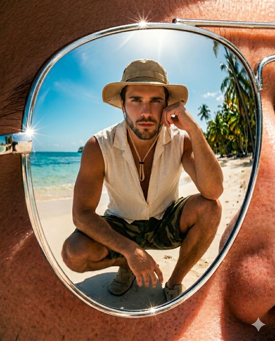 Preview image for Tropical Beach Reflection in Sunglasses prompt