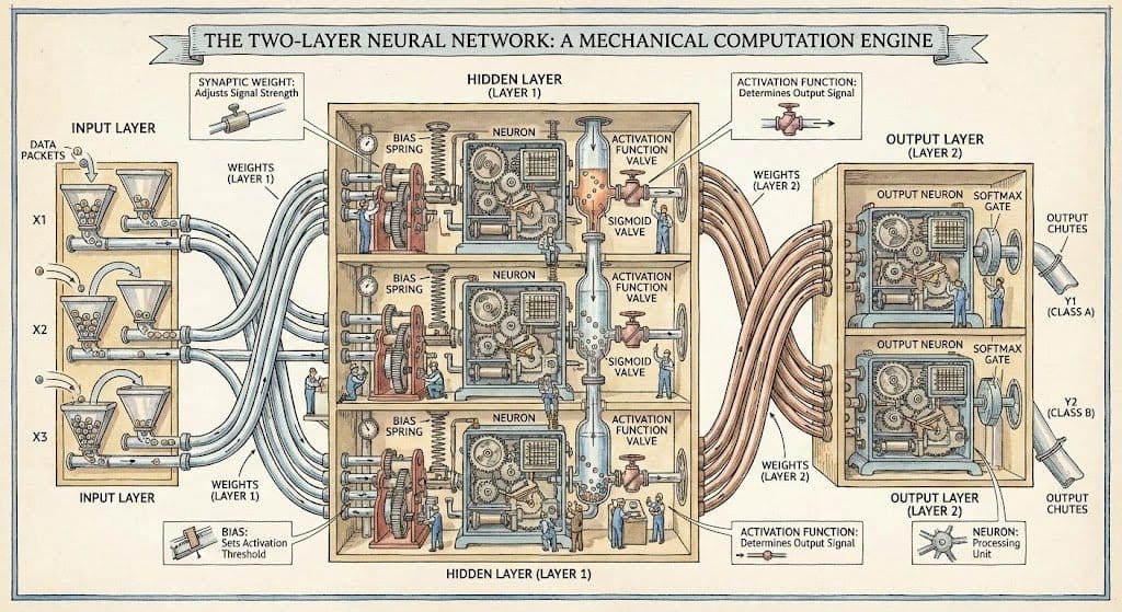 Two-layer neural network diagram in Stephen Biesty style - AI Generated AI Art Style Image Example