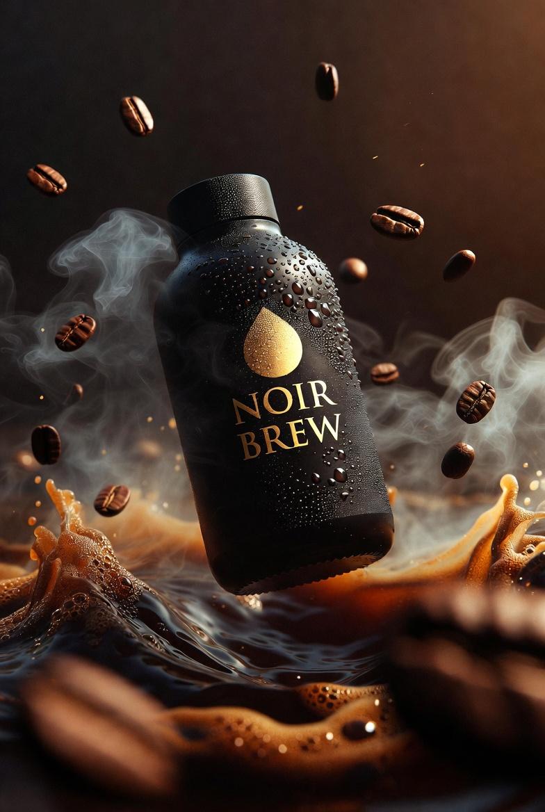 Ultra-Cinematic Product Photography of 'NOIR BREW' Coffee Bottle - AI Generated Realistic Style Image