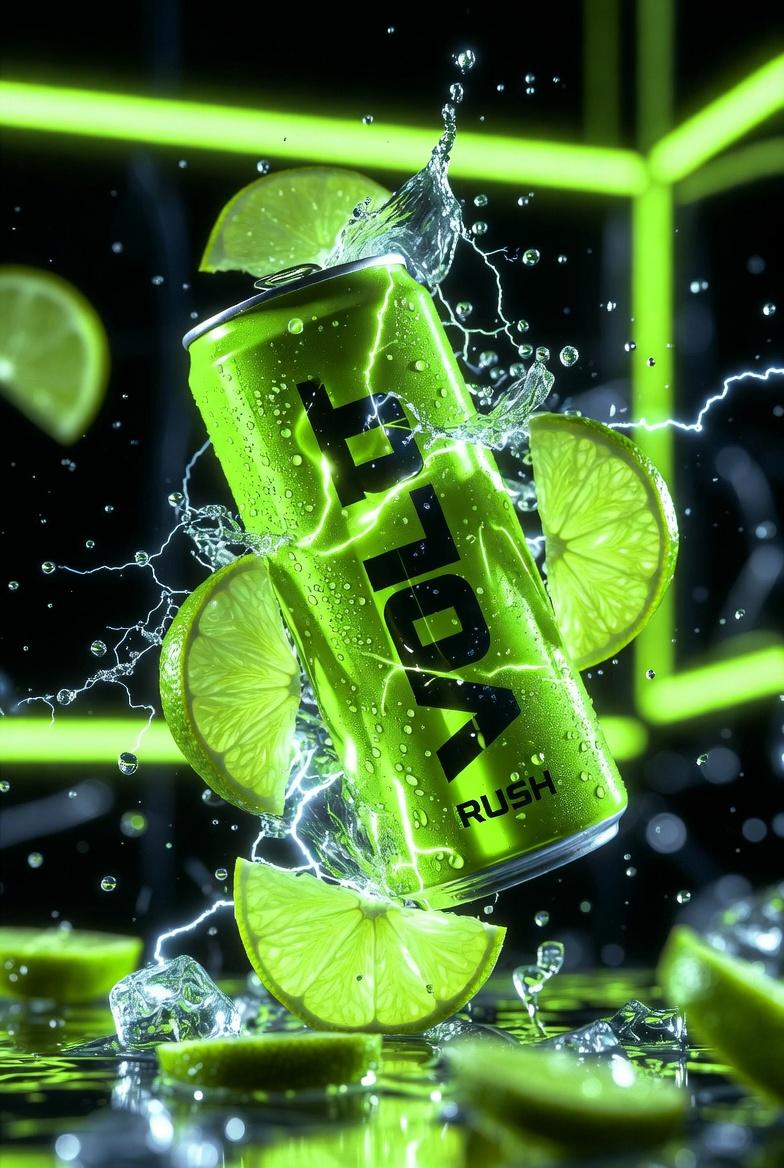Ultra-Cinematic Product Photography of 'VOLT RUSH' Energy Drink - AI Generated Realistic Style Image Example