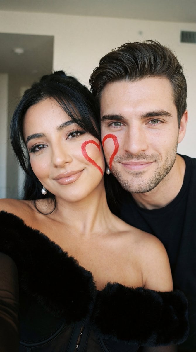 Ultra-Close Photorealistic Couple Selfie with Heart Cheek Paint - AI提示詞