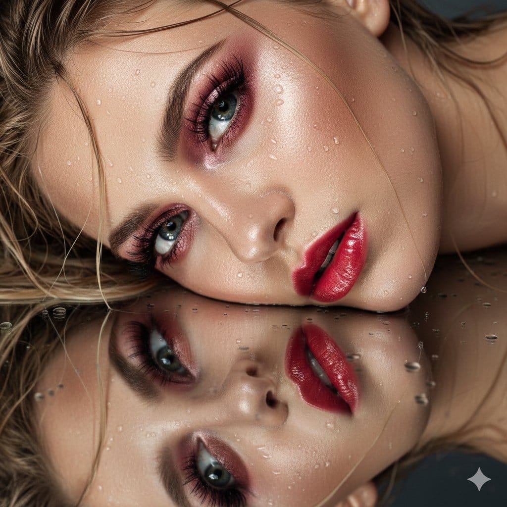 Ultra-Closeup Wet Reflection Couture Beauty Portrait - KI-Prompt