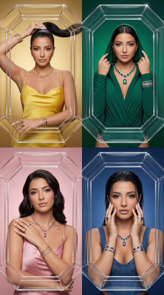 Preview image for Ultra-Luxury Jewelry Campaign Collage (2x2 Grid) prompt