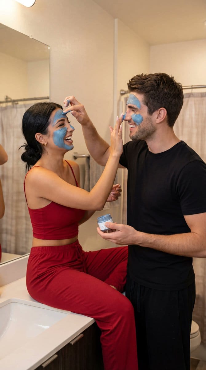 Ultra-Photoreal Candid Couple Applying Face Masks - AI提示词
