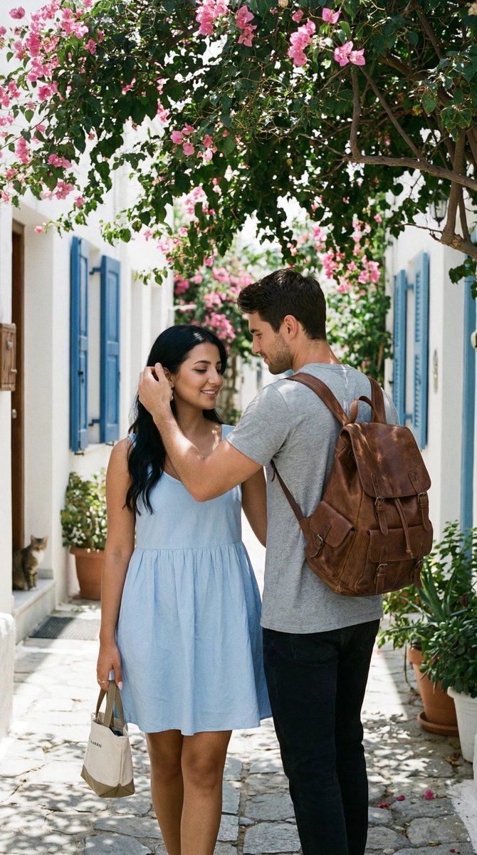 Preview image for Ultra-Photorealistic Candid Travel Romance Scene: Aegean Stone Street prompt