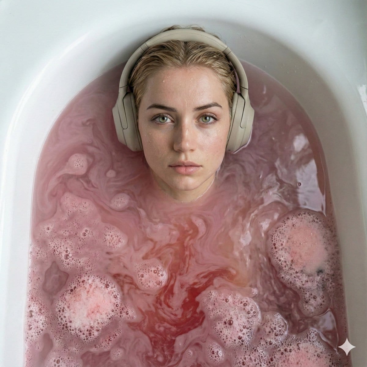 Ultra-Photorealistic Cinematic Portrait in a Bathtub with Noise-Canceling Headphones - KI-Prompt