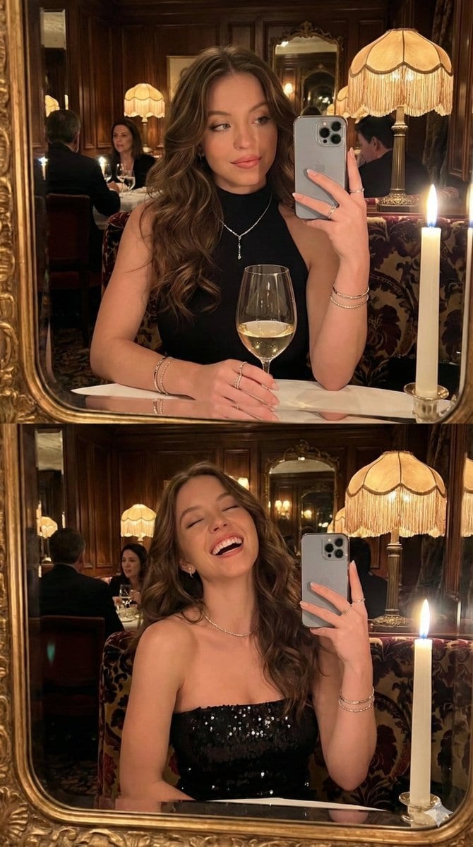 Ultra-Photorealistic Mirror Selfie POV in a Vintage Bistro (Duplicate) - AIプロンプト