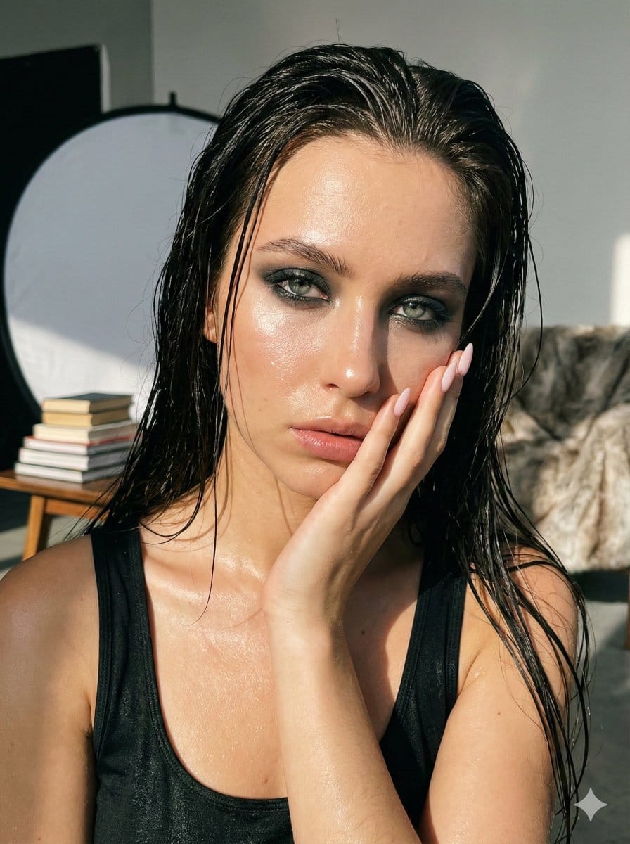 Ultra-Photorealistic Wet-Skin Beauty Portrait Prompt - Prompt IA