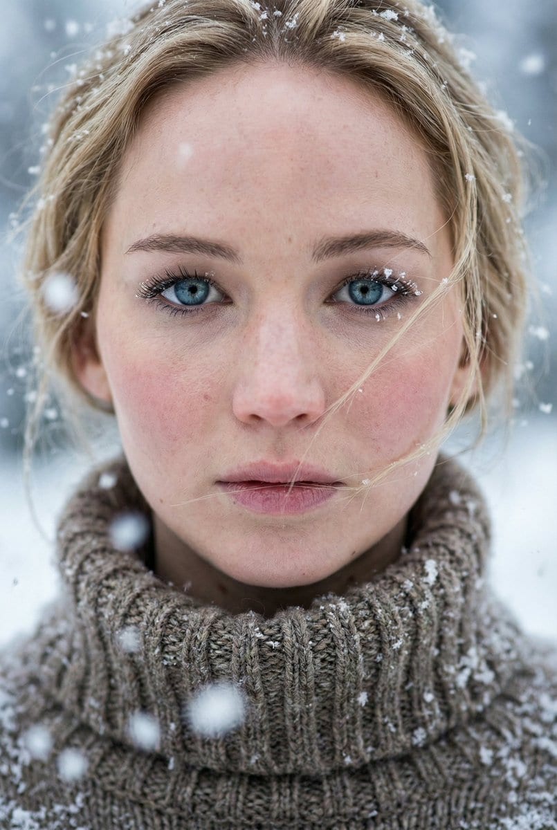 Ultra-Photorealistic Winter Portrait Macro Focus (Jennifer Lawrence) - AI Generated Character Style Image
