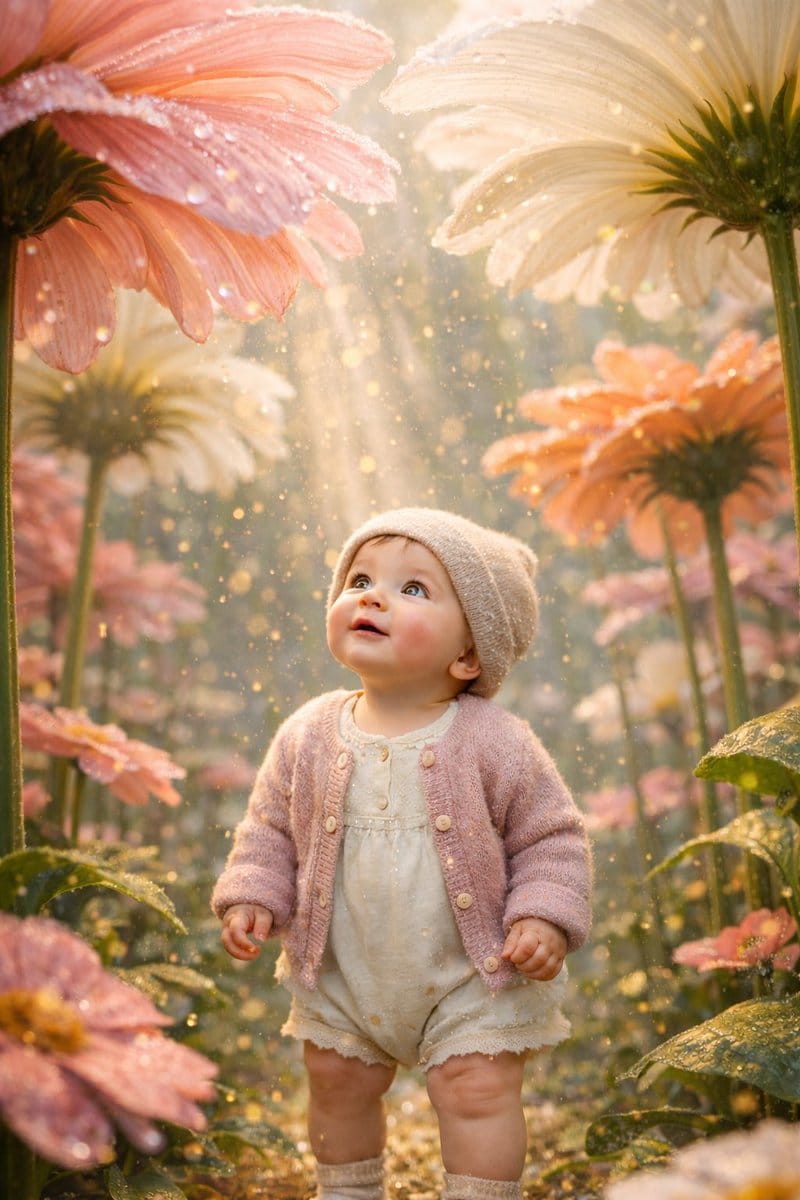 Ultra-Realistic Surreal Conceptual Portrait of a Baby in a Gigantic Flower Field - AI 프롬프트
