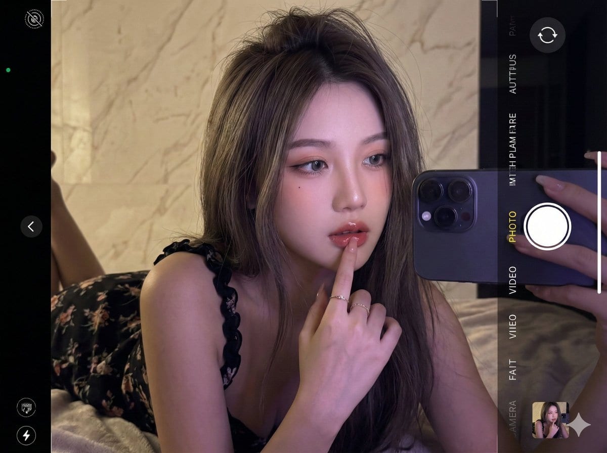 Ultra-realistic 16K selfie edit of a daydreaming girl on a blanket - AI Prompt
