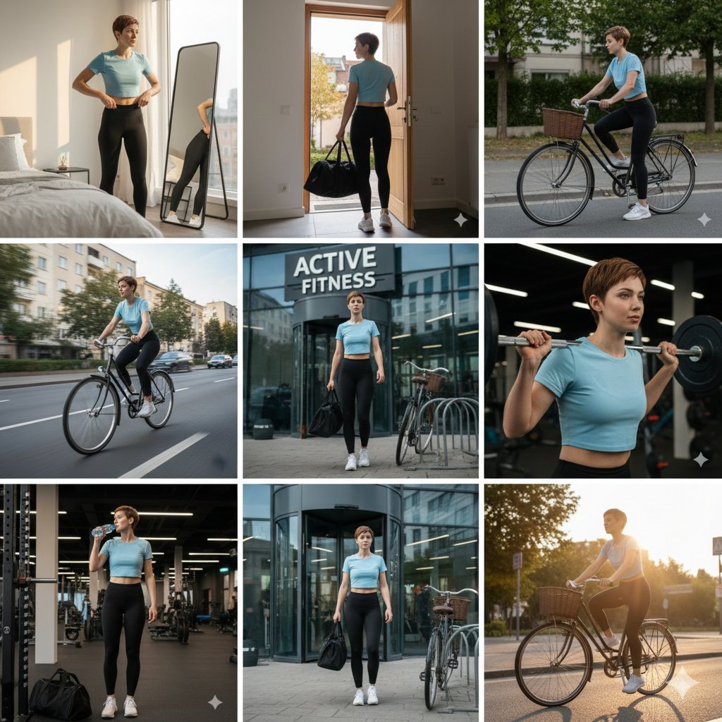 Ultra-realistic cinematic 9-photo collage of a gym girl's fitness journey - AI Art AI Generated Artwork