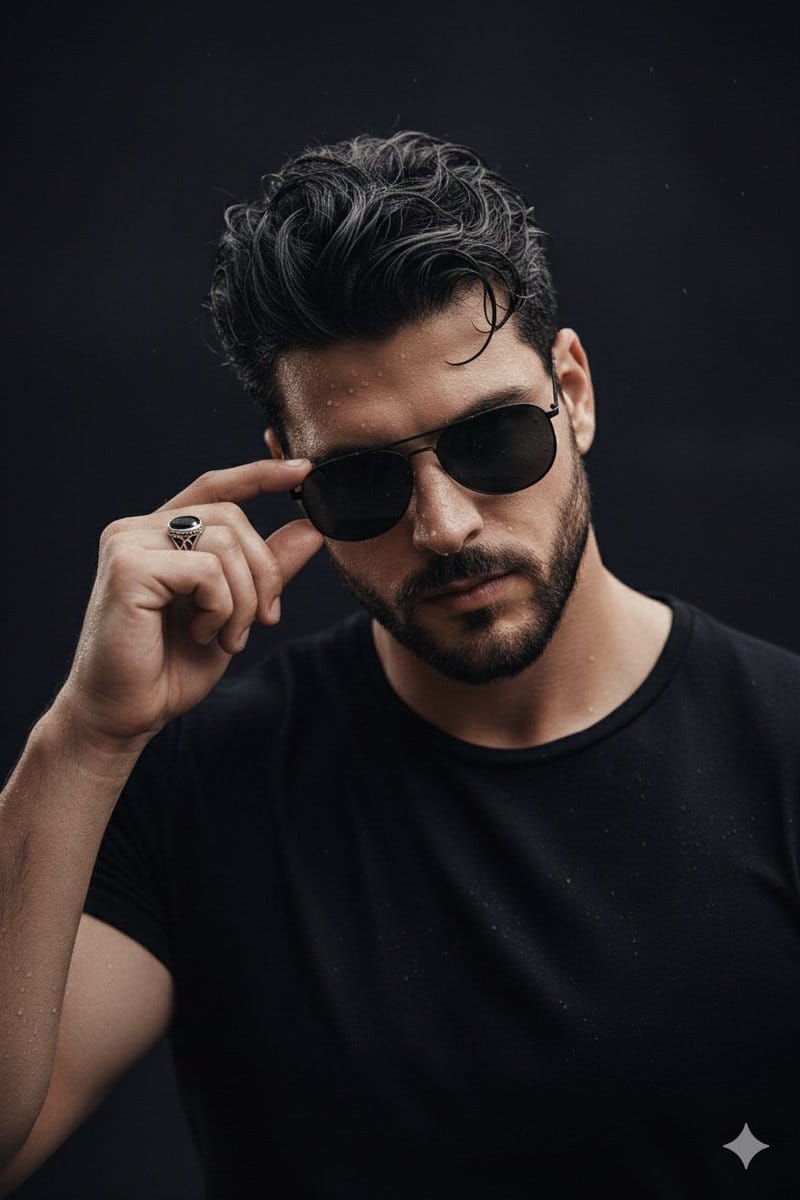 Ultra-Realistic Cinematic Close-up Portrait of a Man with Wet Skin - Prompt de IA