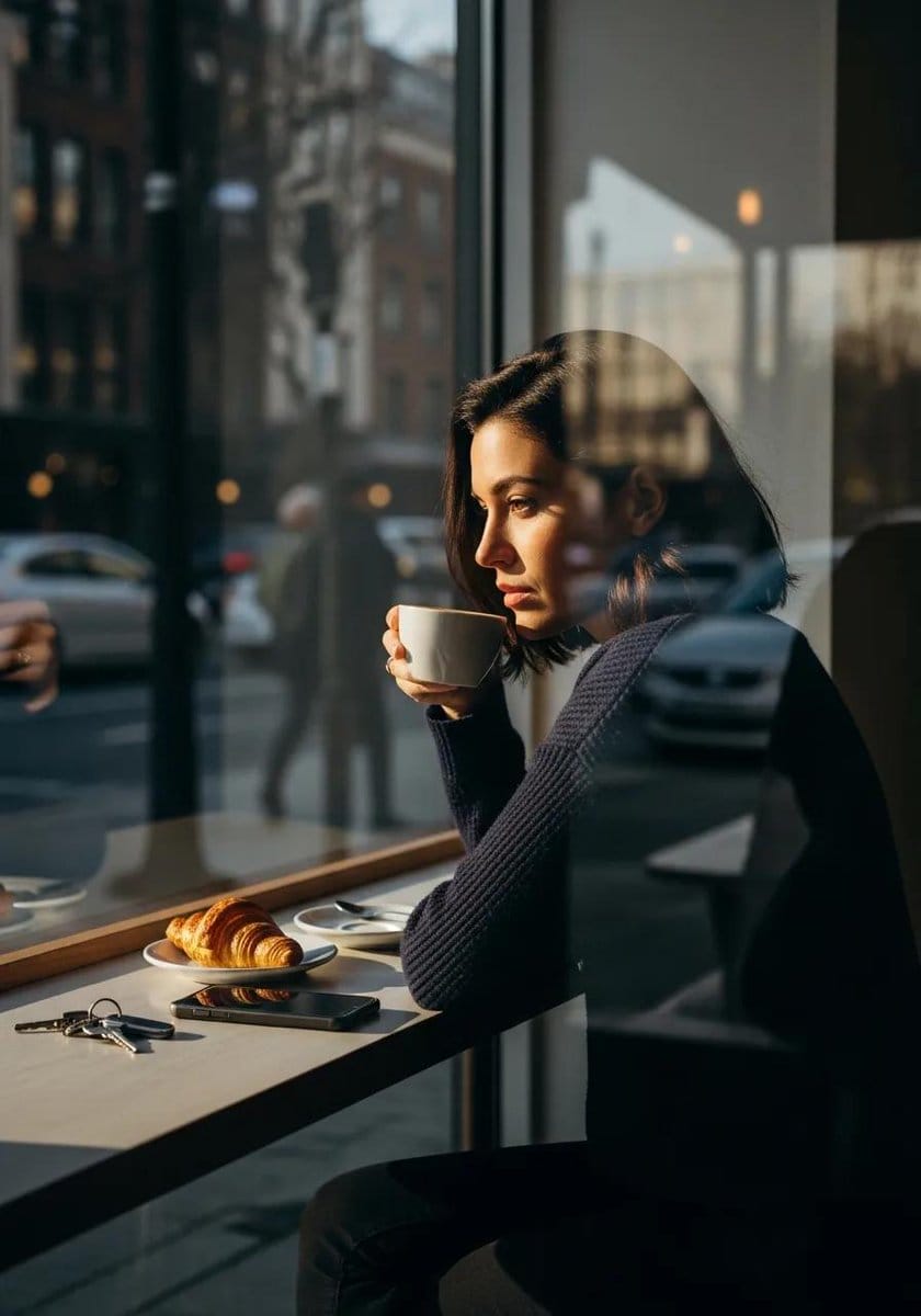 Ultra-realistic cinematic lifestyle photograph of a reflective woman in an urban café - Prompt de IA