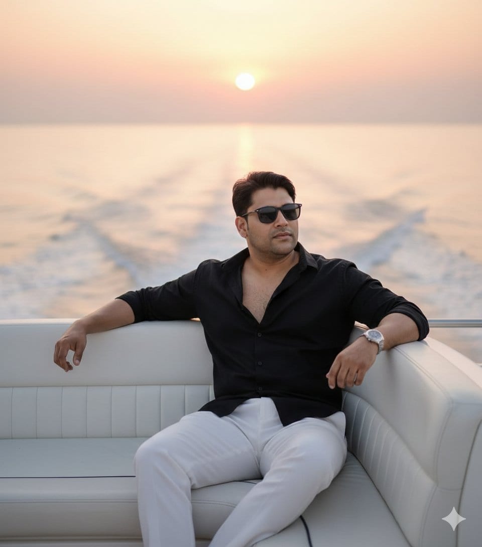 Ultra-realistic cinematic portrait on a luxury yacht at sunset - AI 프롬프트