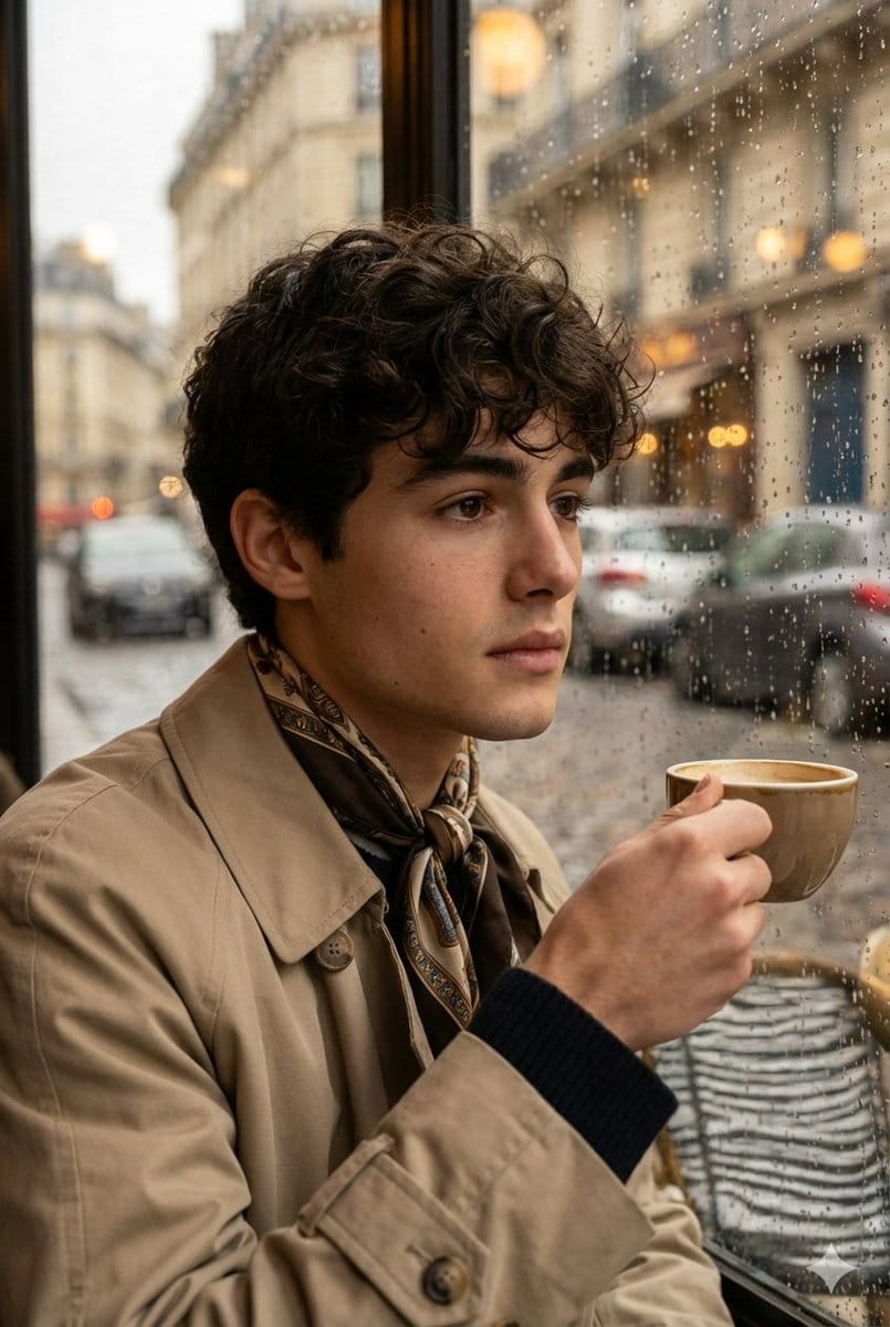 Ultra-realistic cinematic portrait through a rain-soaked café window - Prompt de IA