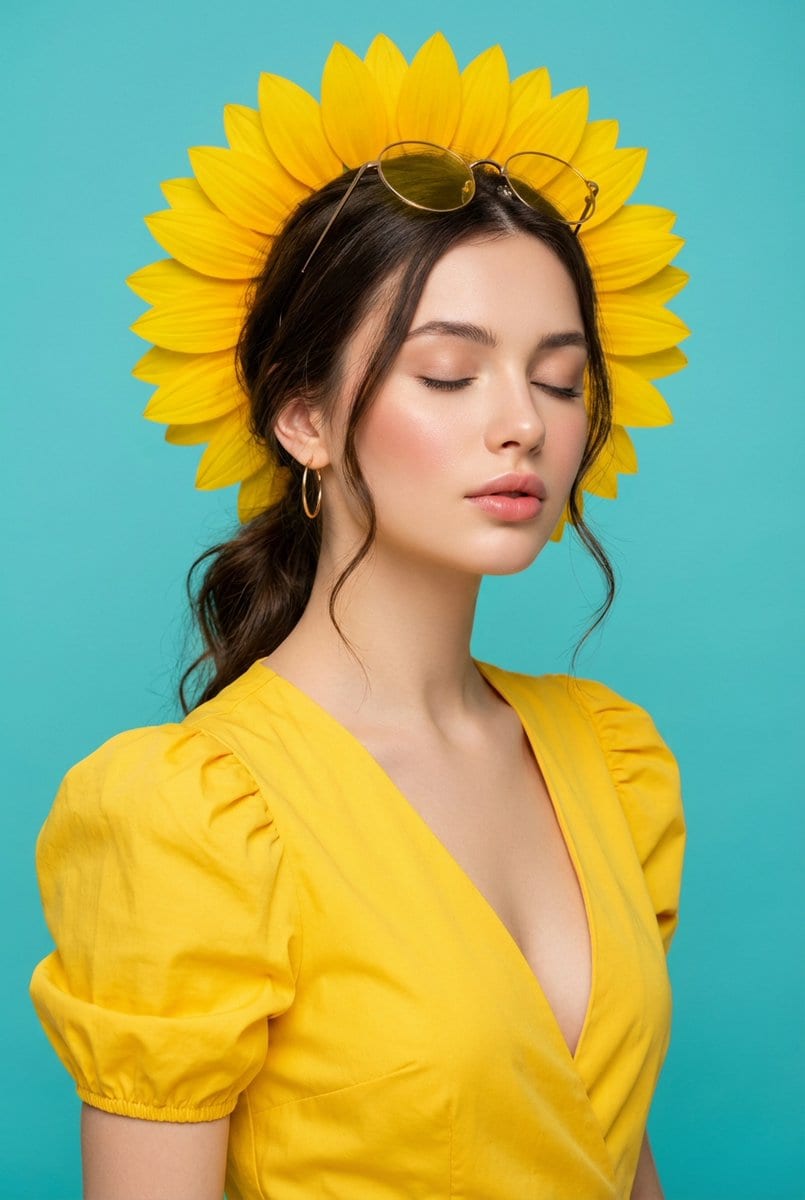 Ultra-Realistic Commercial Portrait with Yellow Dress and Turquoise Background - Prompt de IA