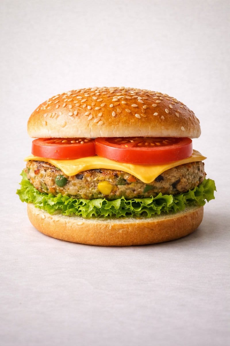 Ultra-realistic Commercial Veg Burger Photography and Exploded View - AI Generated Realistic Style Image Example