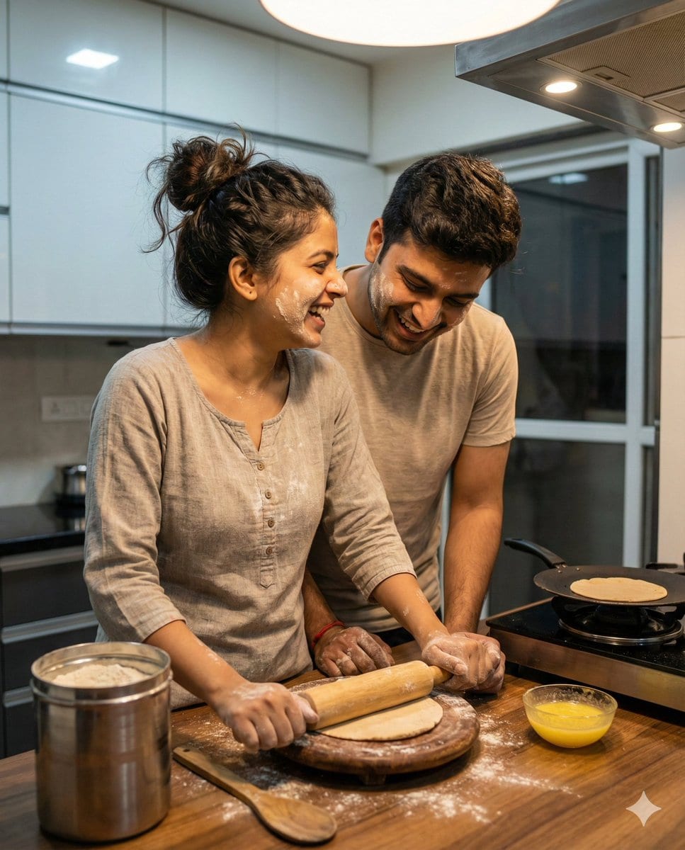 Ultra-realistic Indian Couple Cooking Portrait - AI提示词