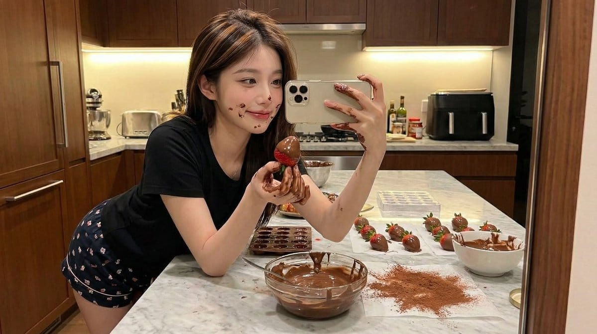 Ultra-Realistic Kitchen Selfie with Chocolate Smudge - AI 프롬프트
