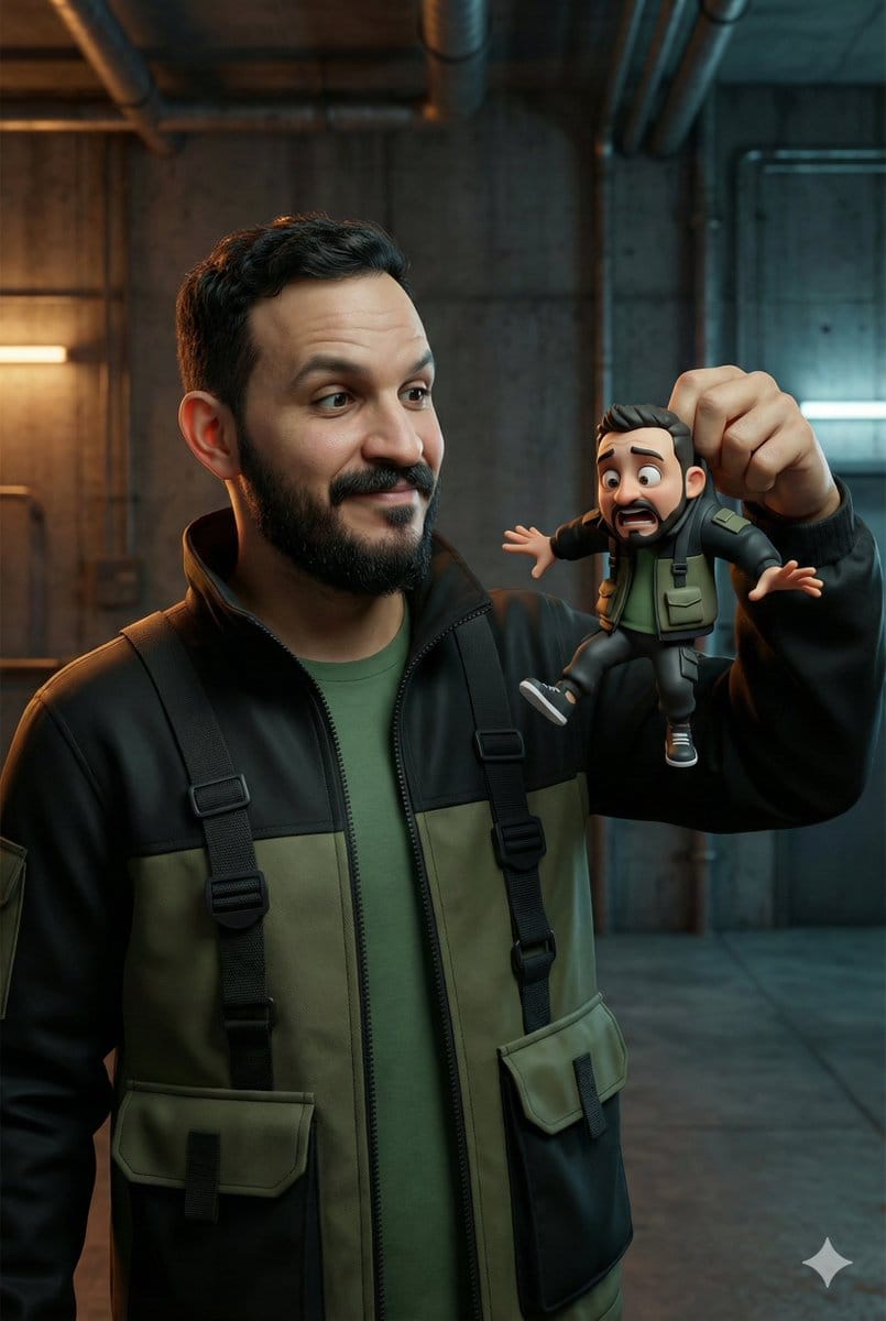 Ultra-Realistic Man Holding Cartoon Miniature of Self - نص توجيهي للذكاء الاصطناعي