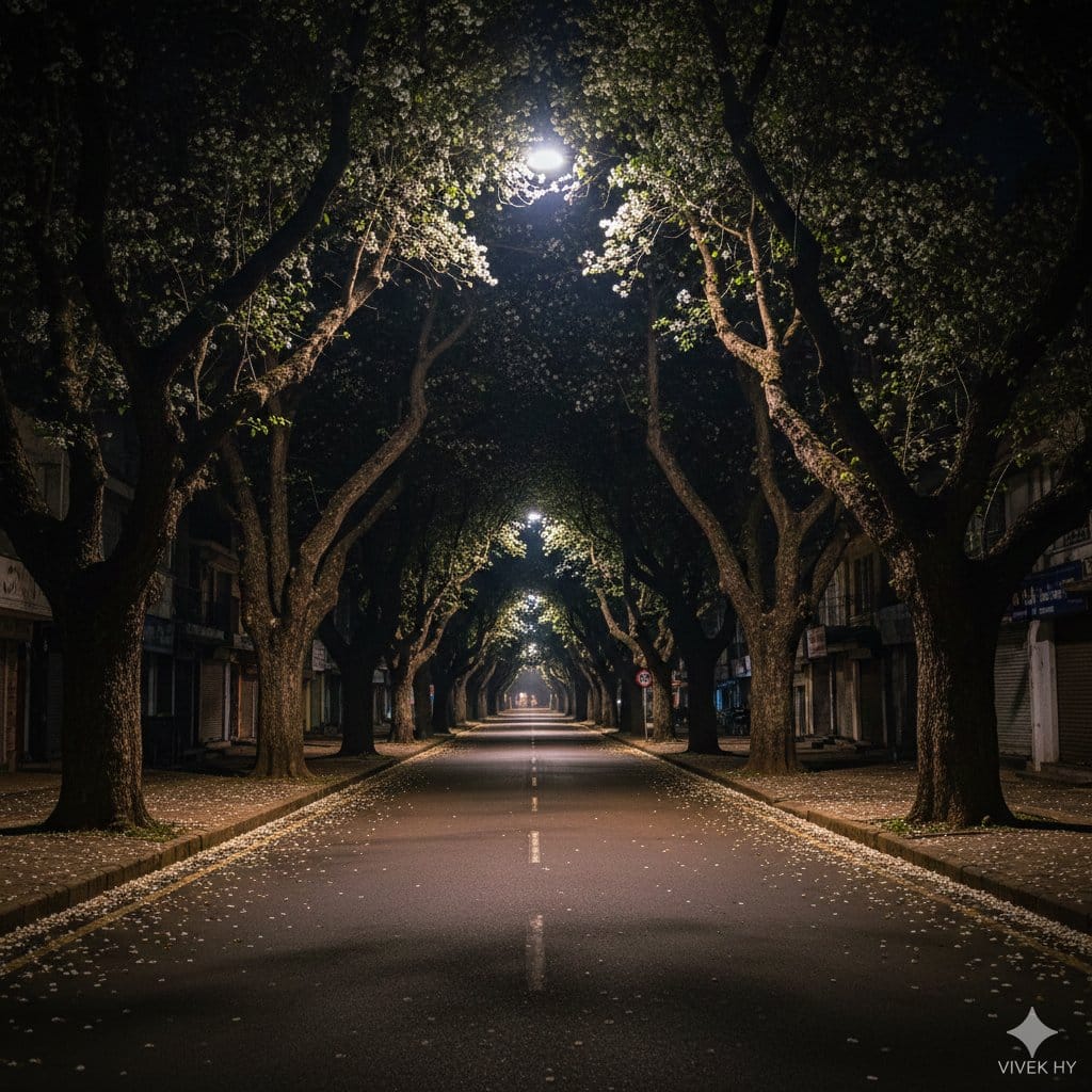 Ultra-realistic Night Street Scene with Petals - AI提示詞