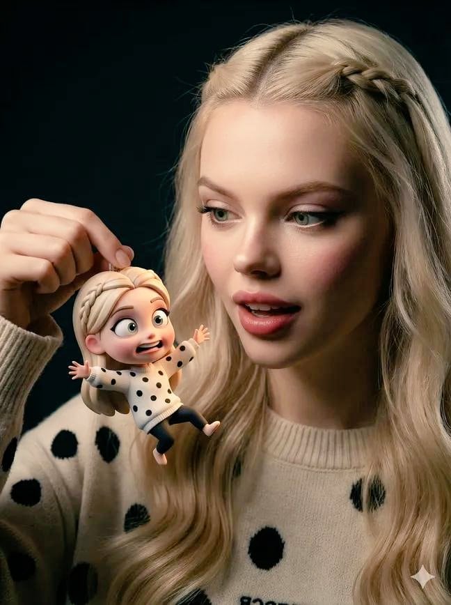 Ultra-Realistic Person Holding Tiny Cartoon Self - نص توجيهي للذكاء الاصطناعي