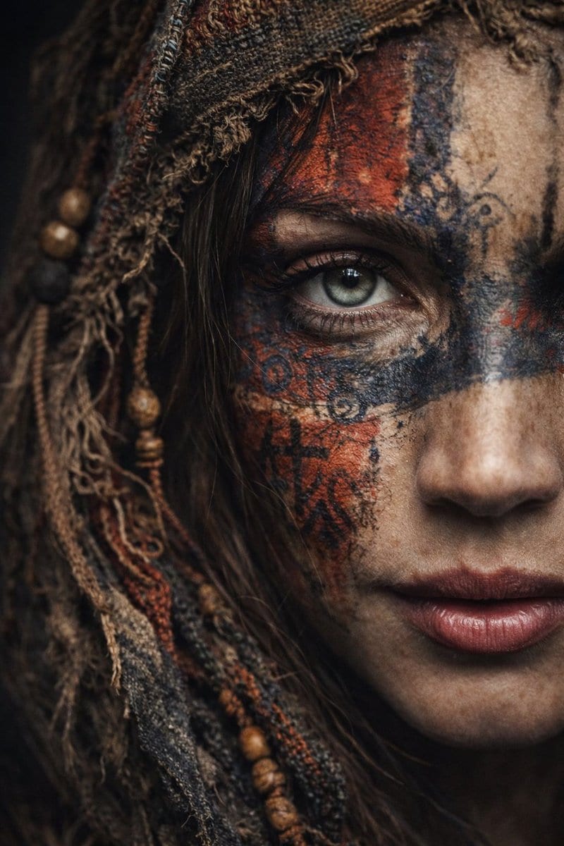 Ultra-Realistic Portrait with Tribal Markings and Painterly Realism - AI 프롬프트