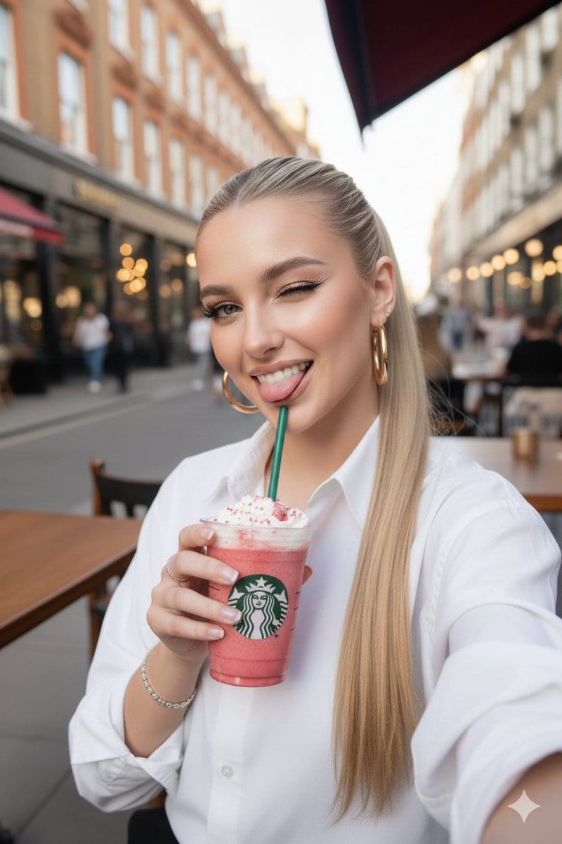 Ultra-realistic Starbucks Selfie at Golden Hour - Prompt de IA