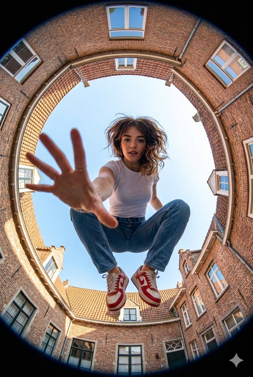Preview image for Ultra-wide fisheye shot of a woman crouching mid-air prompt