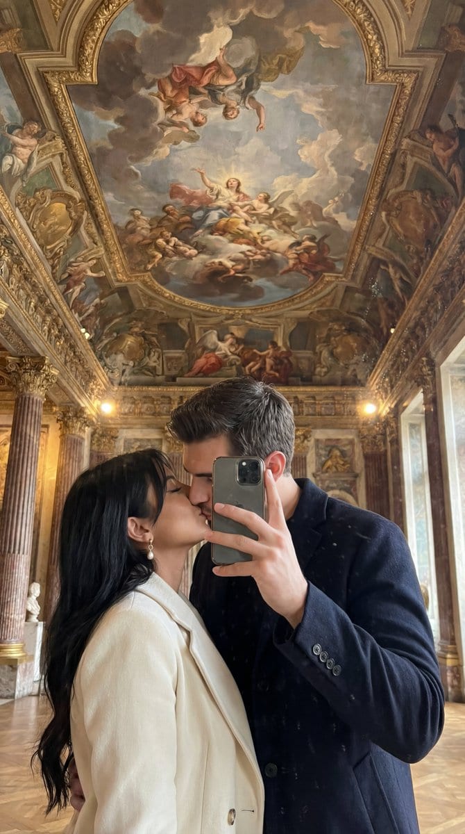 Ultra Photoreal Museum Mirror Kiss Selfie with Identity Lock - KI-Prompt
