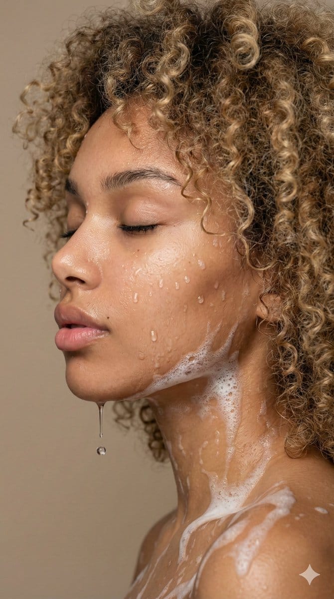 Ultra Photorealistic Shower Portrait with Water Droplets - KI-Prompt