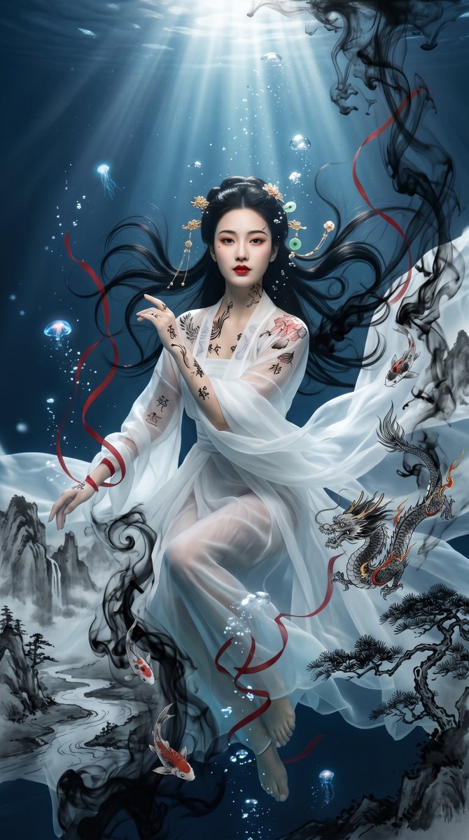 Preview image for Underwater Chinese Ink Dreamscape Portrait prompt
