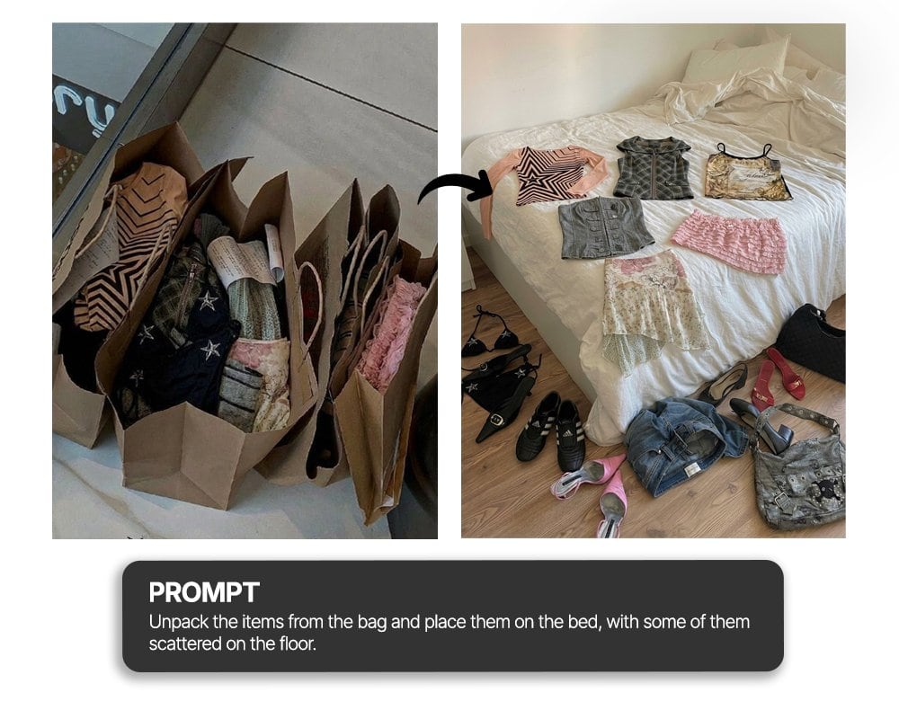 Unpack items from bag onto bed haul shot - AI Generated Realistic Style Image Example