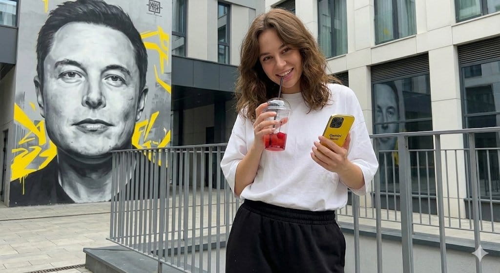 Urban Lifestyle Portrait with Elon Musk Mural Background