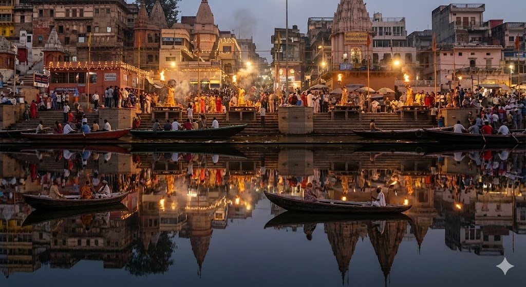 Varanasi ghats dual-timeline reflection scene - AI Generated AI Art Style Image Example